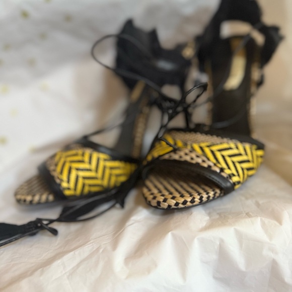 Zara Black and Yellow Woven Lace Up Sandals - Picture 9 of 9